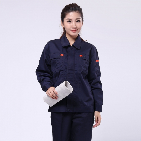 深蓝配桔红色最新工作服款式AC069