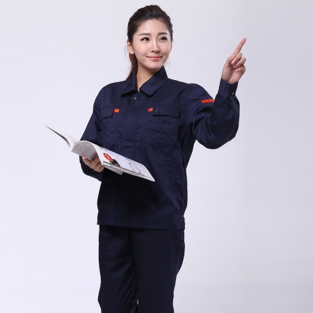 深蓝配桔红色最新工作服款式AC069